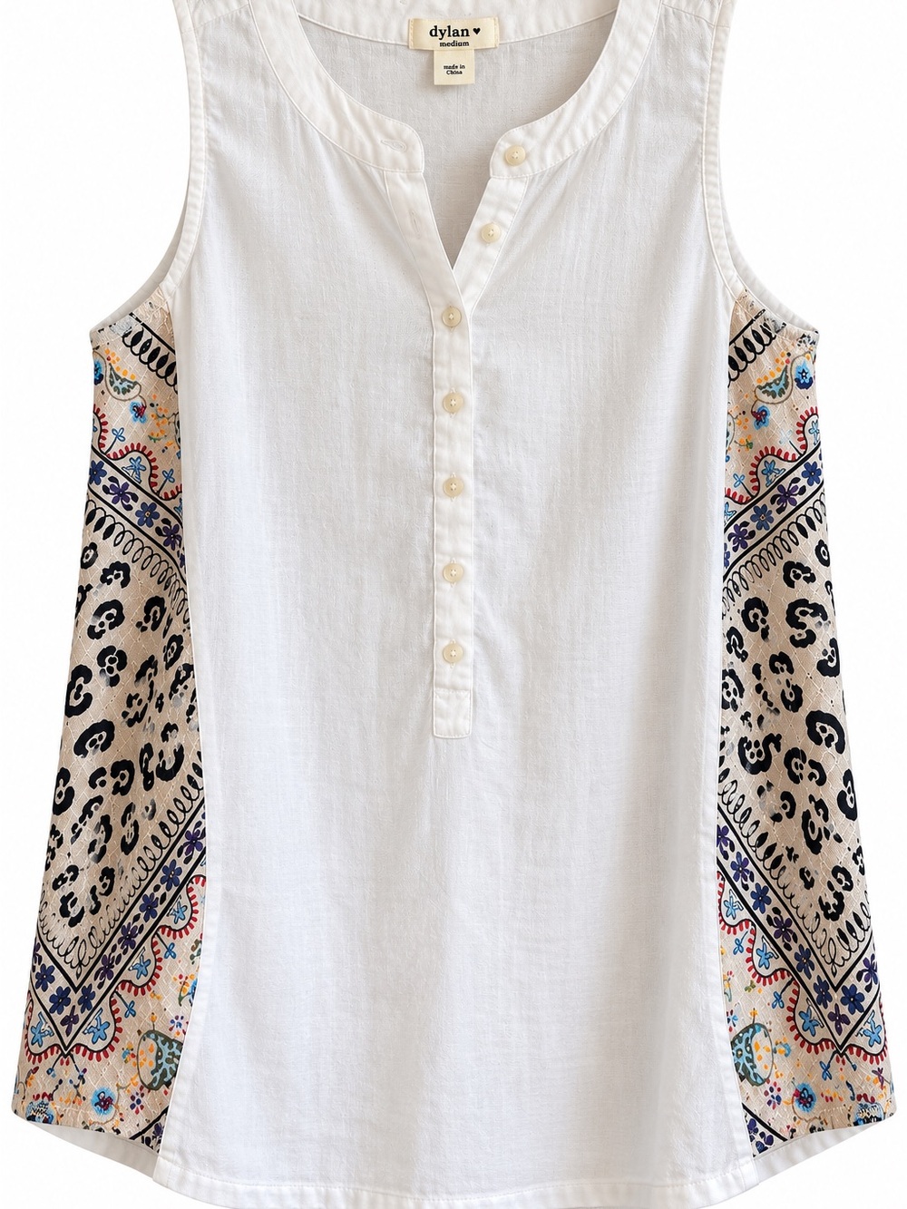 Dylan Womens M White Cotton Linen Sleeveless Tunic Boho Bandana Print Top